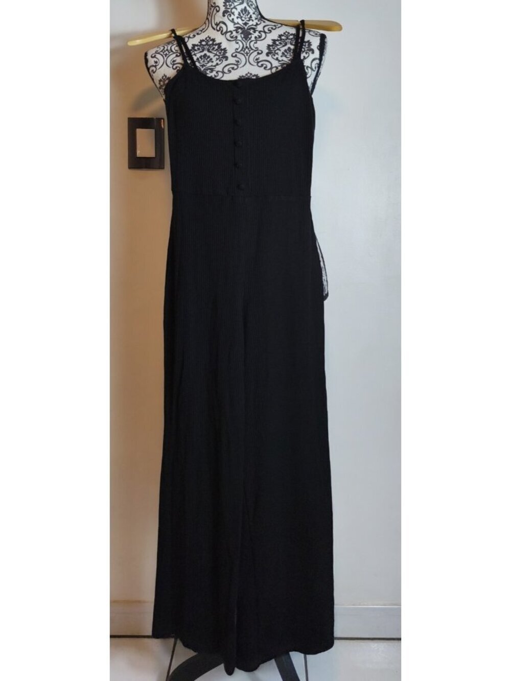 Reformation Black Ribbed Tencel Jumpsuit Wide Leg Spaghetti Strap S